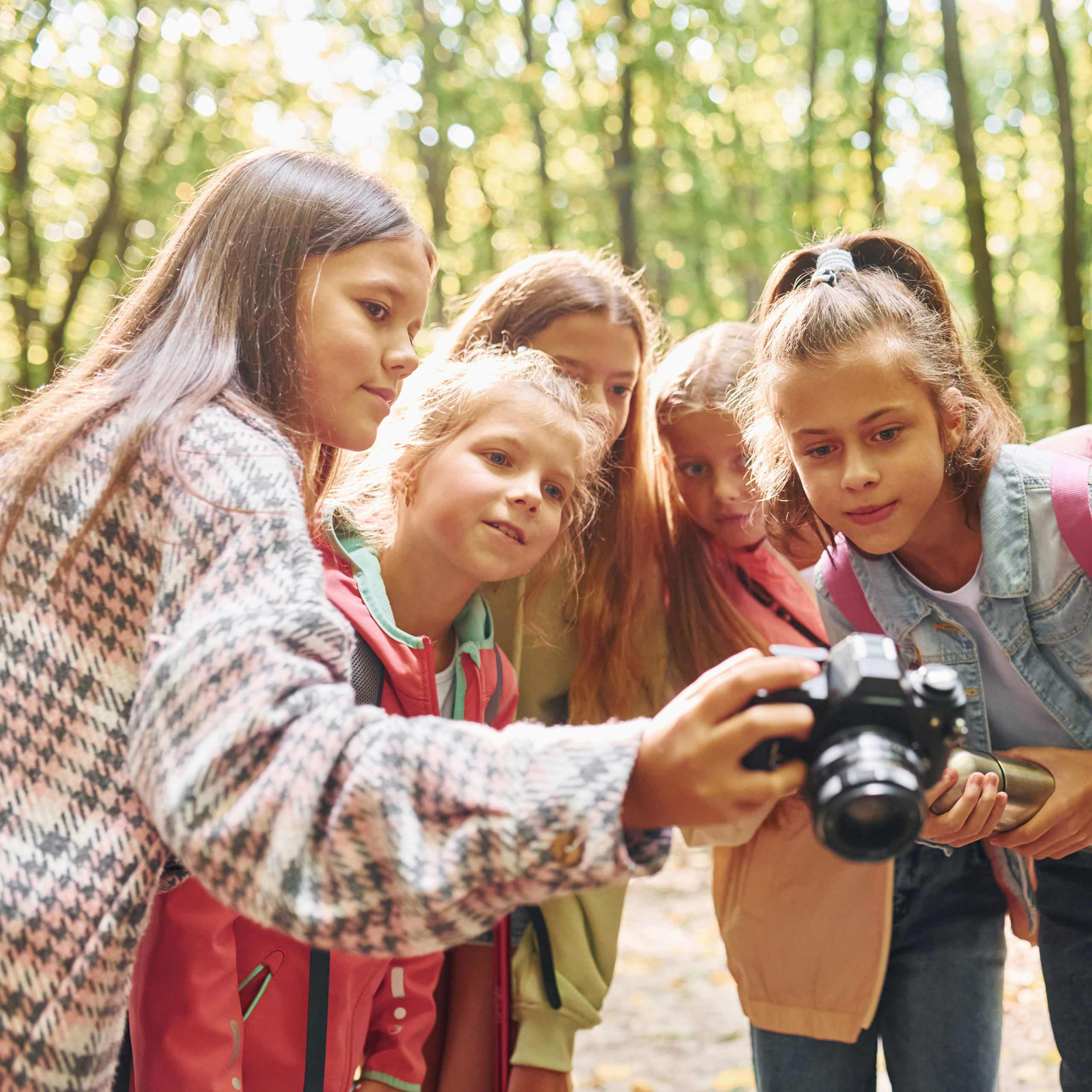 Front view. Kids in green forest at summer daytime together.